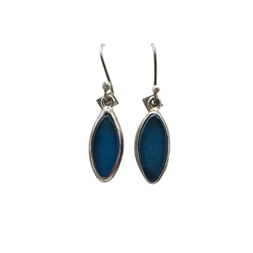 925 Sterling Silver Blue Art Glass Oval Dangle Drop Earrings Closure Vintage